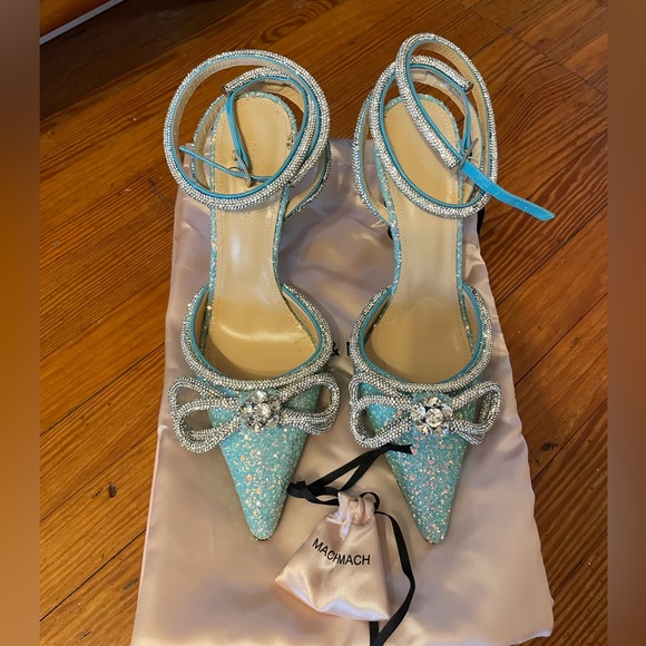 Mach & Mach Glitter Double Crystal Bow Pointed Toe Pump Size 39 Baby Blue - Picture 3 of 10
